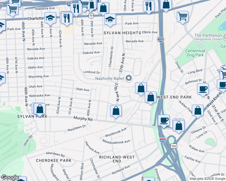 map of restaurants, bars, coffee shops, grocery stores, and more near 145 37th Avenue North in Nashville