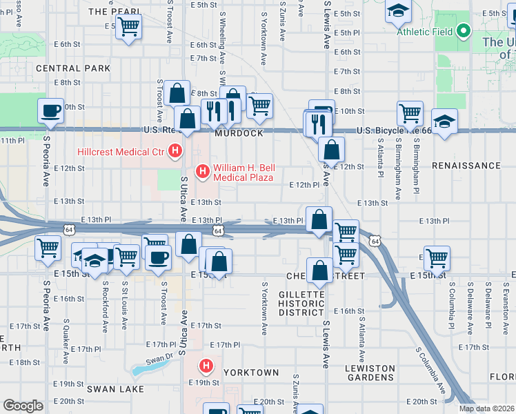 map of restaurants, bars, coffee shops, grocery stores, and more near 2032 East 13th Street in Tulsa
