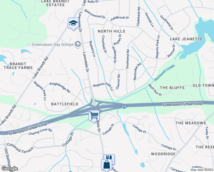 map of restaurants, bars, coffee shops, grocery stores, and more near 2901 Regents Park Lane in Greensboro