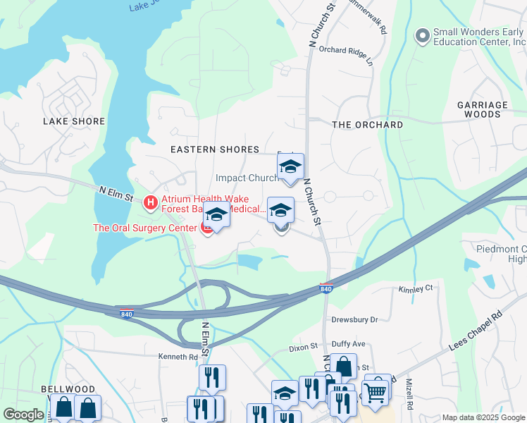 map of restaurants, bars, coffee shops, grocery stores, and more near 5401 Old Lake Jeanette Road in Greensboro