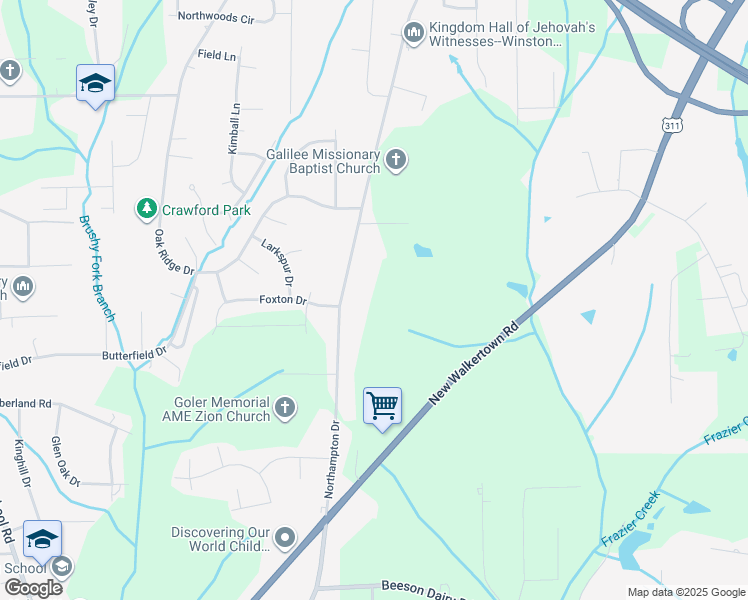 map of restaurants, bars, coffee shops, grocery stores, and more near 4005 Northampton Drive in Winston-Salem