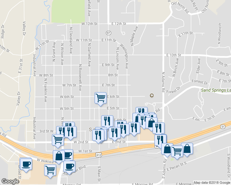 map of restaurants, bars, coffee shops, grocery stores, and more near 604 North Lincoln Avenue in Sand Springs