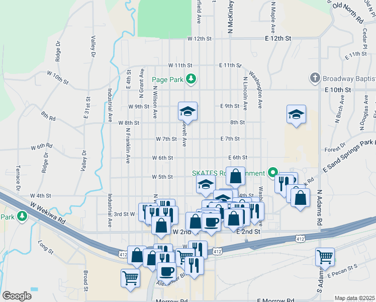 map of restaurants, bars, coffee shops, grocery stores, and more near 605 North Roosevelt Avenue in Sand Springs