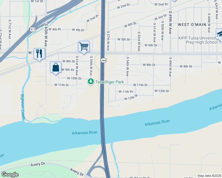 map of restaurants, bars, coffee shops, grocery stores, and more near 1112 South 56th West Avenue in Tulsa