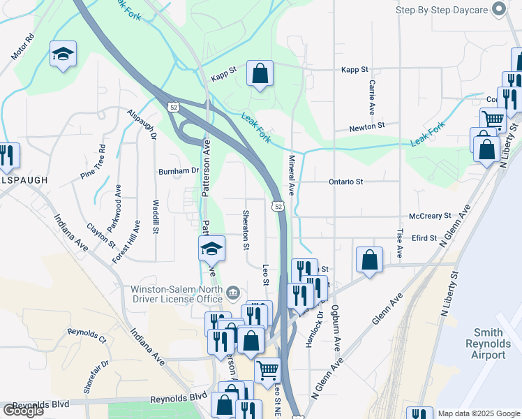 map of restaurants, bars, coffee shops, grocery stores, and more near 4040 Leo Street in Winston-Salem