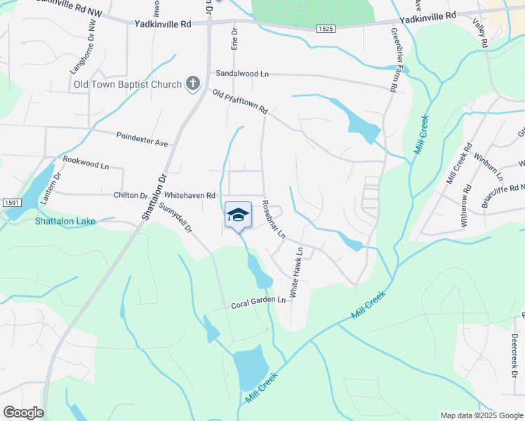 map of restaurants, bars, coffee shops, grocery stores, and more near 3965 Rosebriar Lane in Winston-Salem