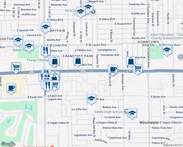 map of restaurants, bars, coffee shops, grocery stores, and more near 1511-1623 East Sahara Avenue in Las Vegas