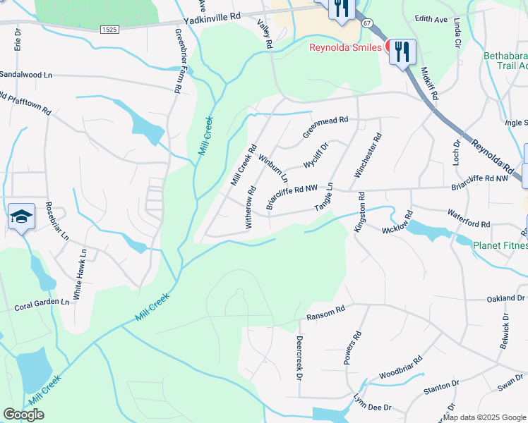 map of restaurants, bars, coffee shops, grocery stores, and more near 4261 Briarcliffe Road Northwest in Winston-Salem