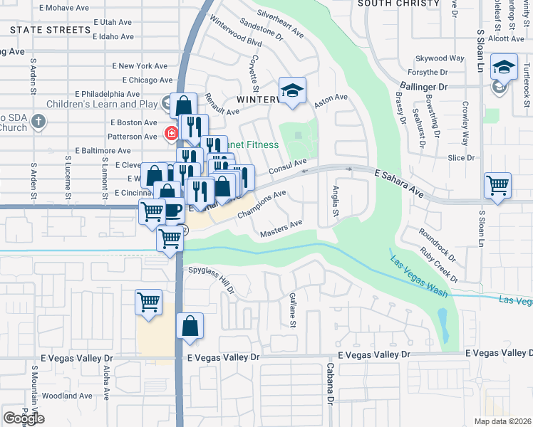 map of restaurants, bars, coffee shops, grocery stores, and more near 2532 Masters Circle in Las Vegas