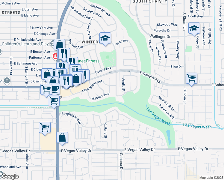 map of restaurants, bars, coffee shops, grocery stores, and more near 2529 Winterwood Boulevard in Las Vegas