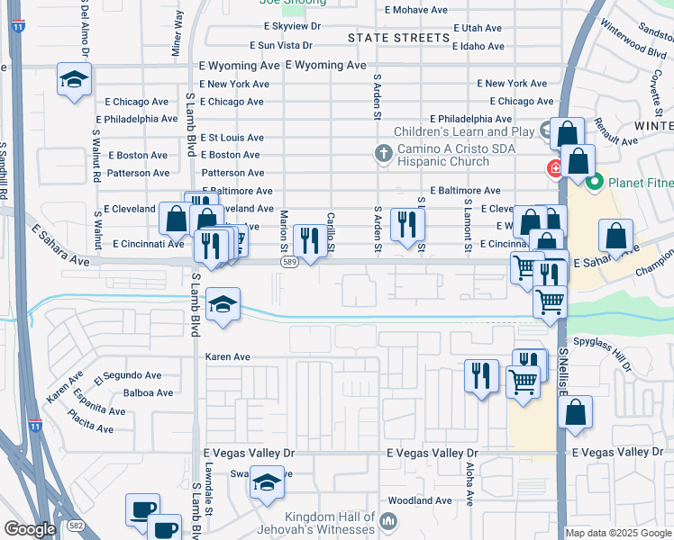 map of restaurants, bars, coffee shops, grocery stores, and more near 4555 East Sahara Avenue in Las Vegas