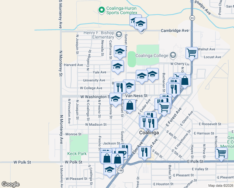 map of restaurants, bars, coffee shops, grocery stores, and more near 14012 North Mountain View Place in Coalinga