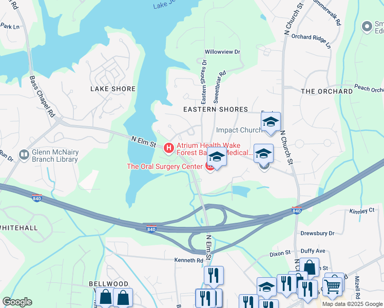 map of restaurants, bars, coffee shops, grocery stores, and more near 3898 North Elm Street in Greensboro
