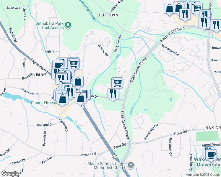 map of restaurants, bars, coffee shops, grocery stores, and more near 1138 Crowne Court in Winston-Salem
