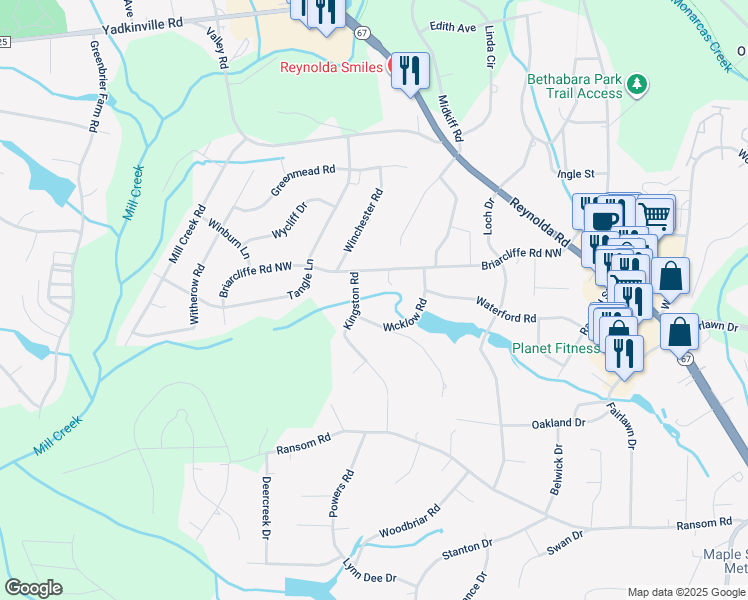 map of restaurants, bars, coffee shops, grocery stores, and more near 3625 Kingston Road in Winston-Salem