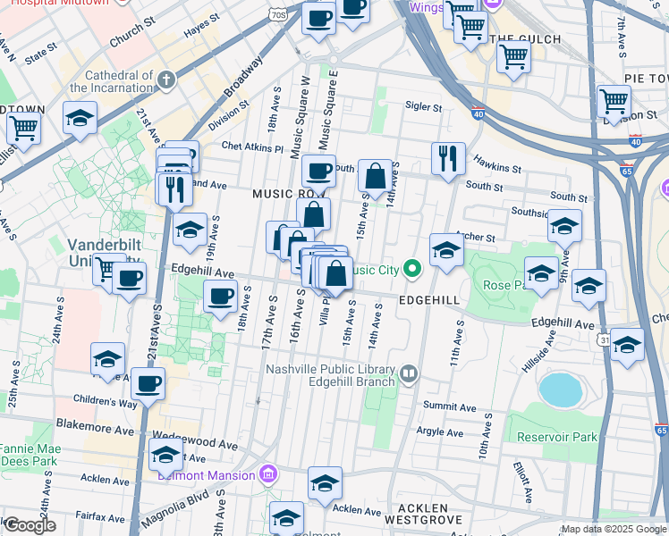 map of restaurants, bars, coffee shops, grocery stores, and more near 1409A Tremont Avenue in Nashville