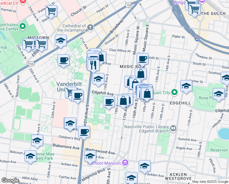 map of restaurants, bars, coffee shops, grocery stores, and more near 1111 18th Avenue South in Nashville