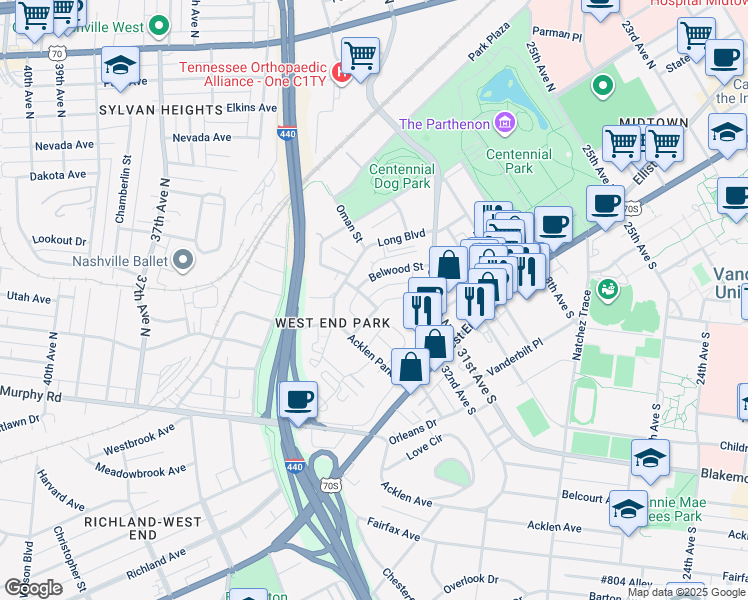map of restaurants, bars, coffee shops, grocery stores, and more near 3114 West End Circle in Nashville