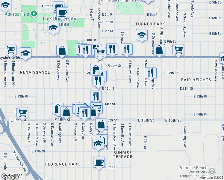 map of restaurants, bars, coffee shops, grocery stores, and more near 1304 South Jamestown Avenue in Tulsa