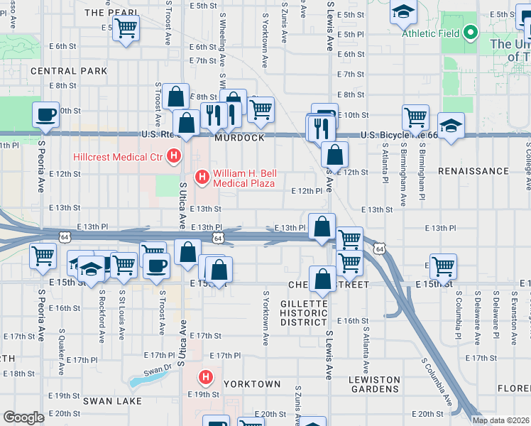 map of restaurants, bars, coffee shops, grocery stores, and more near 2032 East 13th Street in Tulsa