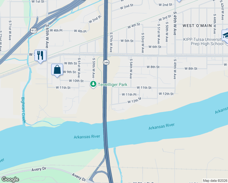 map of restaurants, bars, coffee shops, grocery stores, and more near 1112 South 56th West Avenue in Tulsa