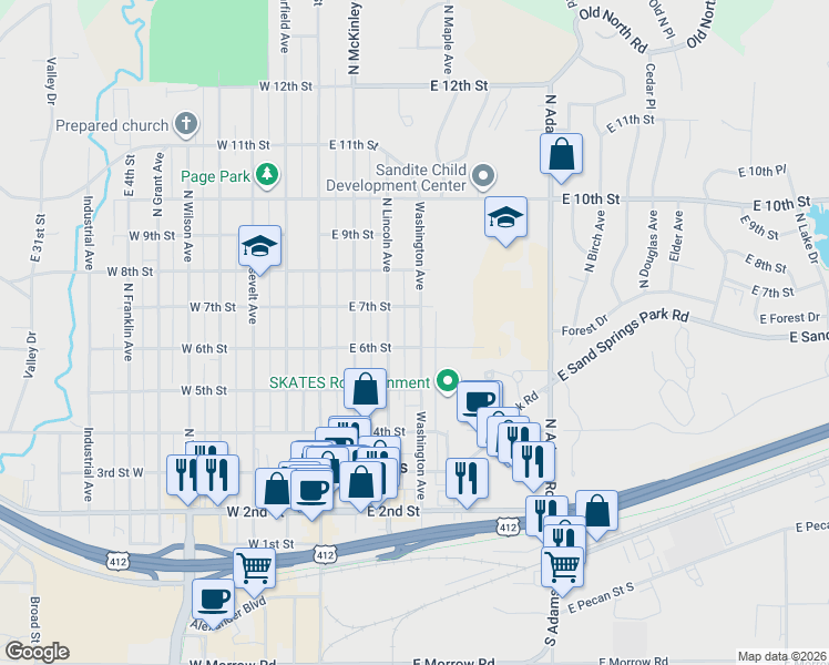 map of restaurants, bars, coffee shops, grocery stores, and more near 614 Washington Avenue in Sand Springs