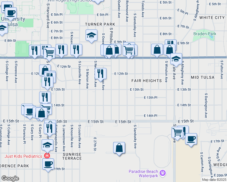 map of restaurants, bars, coffee shops, grocery stores, and more near 1303 South Pittsburg Avenue in Tulsa
