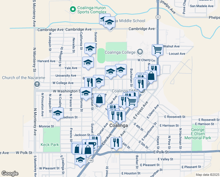 map of restaurants, bars, coffee shops, grocery stores, and more near 648 Van Ness Street in Coalinga