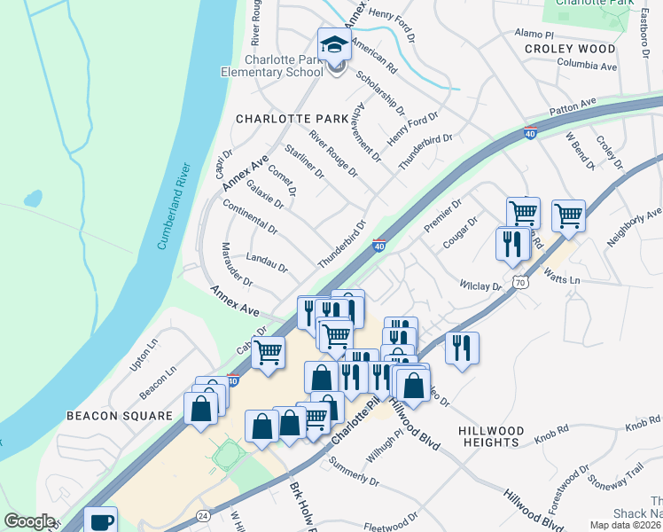 map of restaurants, bars, coffee shops, grocery stores, and more near 6505 Thunderbird Drive in Nashville