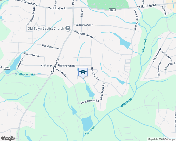 map of restaurants, bars, coffee shops, grocery stores, and more near 3965 Rosebriar Lane in Winston-Salem