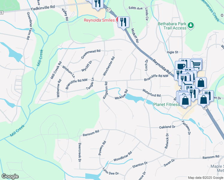 map of restaurants, bars, coffee shops, grocery stores, and more near 3625 Kingston Road in Winston-Salem