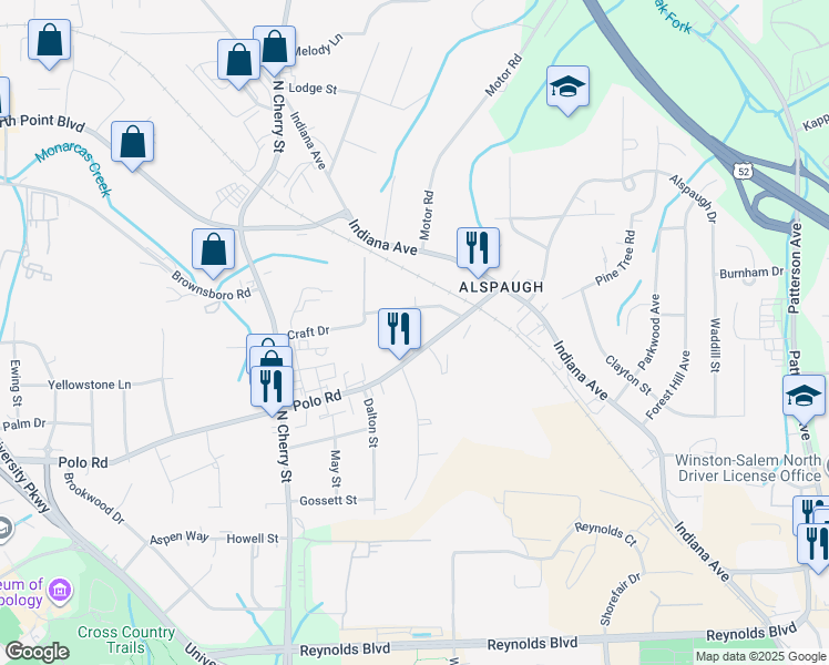 map of restaurants, bars, coffee shops, grocery stores, and more near 4203 Dellwood Drive in Winston-Salem