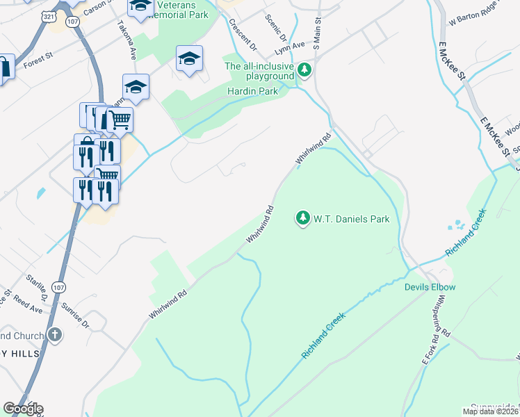 map of restaurants, bars, coffee shops, grocery stores, and more near 390 Whirlwind Road in Greeneville