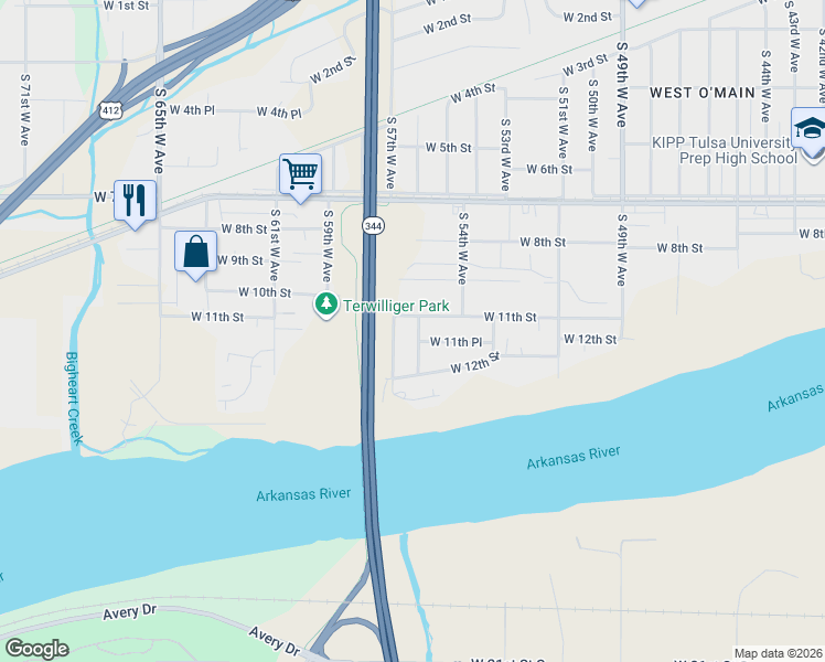 map of restaurants, bars, coffee shops, grocery stores, and more near 1112 South 56th West Avenue in Tulsa