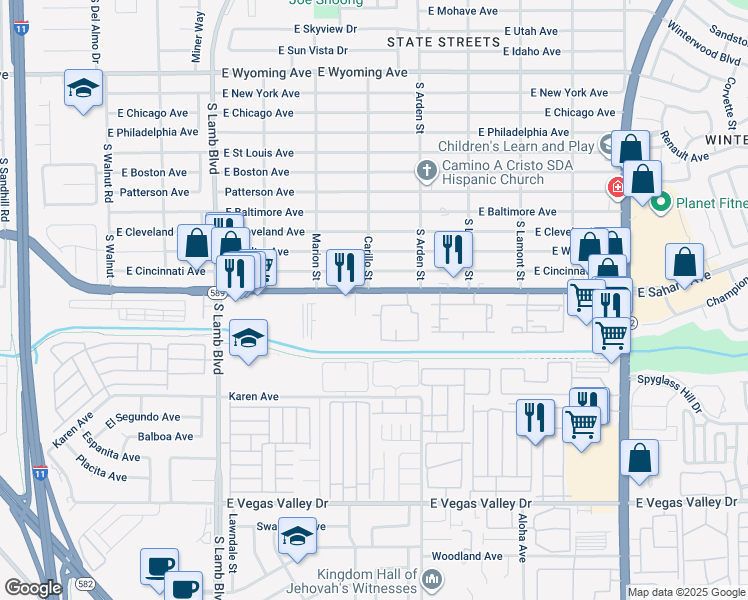 map of restaurants, bars, coffee shops, grocery stores, and more near 4555 East Sahara Avenue in Las Vegas