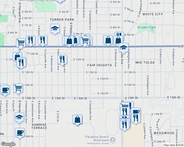 map of restaurants, bars, coffee shops, grocery stores, and more near 1303 S Sandusky Ave in Tulsa