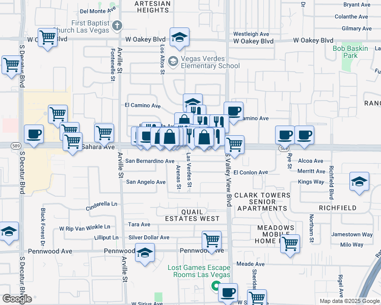 map of restaurants, bars, coffee shops, grocery stores, and more near 9 Las Verdes Street in Las Vegas