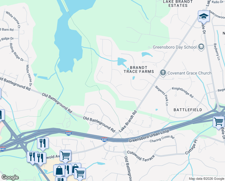 map of restaurants, bars, coffee shops, grocery stores, and more near 2416 Lake Brandt Place in Greensboro