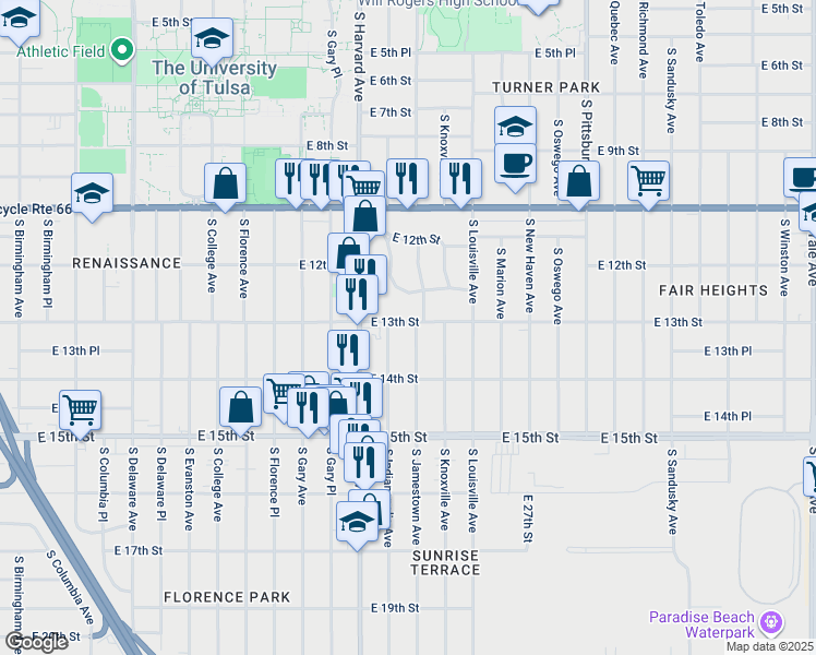 map of restaurants, bars, coffee shops, grocery stores, and more near 1304 South Jamestown Avenue in Tulsa