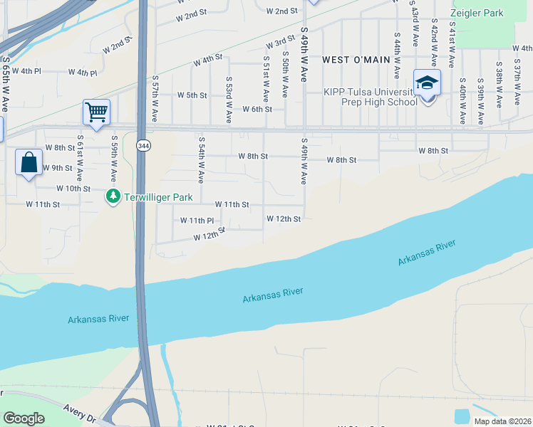 map of restaurants, bars, coffee shops, grocery stores, and more near 1113 South 51st West Avenue in Tulsa