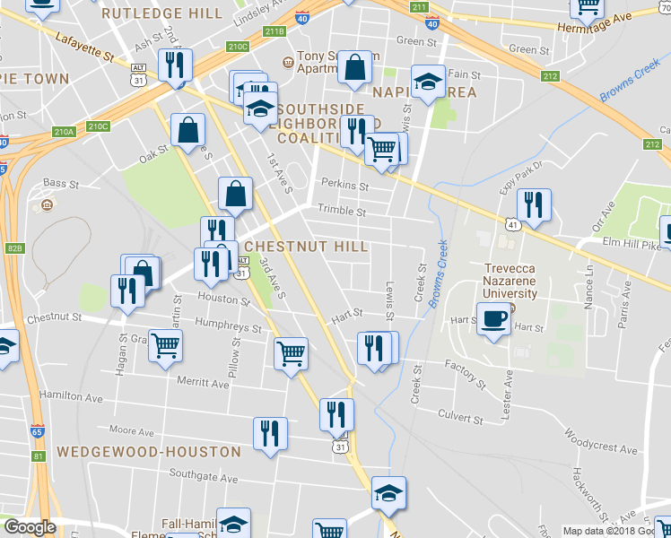 map of restaurants, bars, coffee shops, grocery stores, and more near 1238 1st Avenue South in Nashville