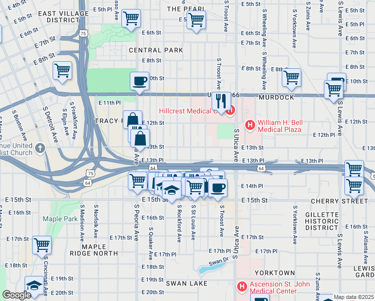 map of restaurants, bars, coffee shops, grocery stores, and more near 1524 East 13th Street in Tulsa