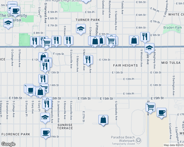 map of restaurants, bars, coffee shops, grocery stores, and more near 1303 South Oswego Avenue in Tulsa