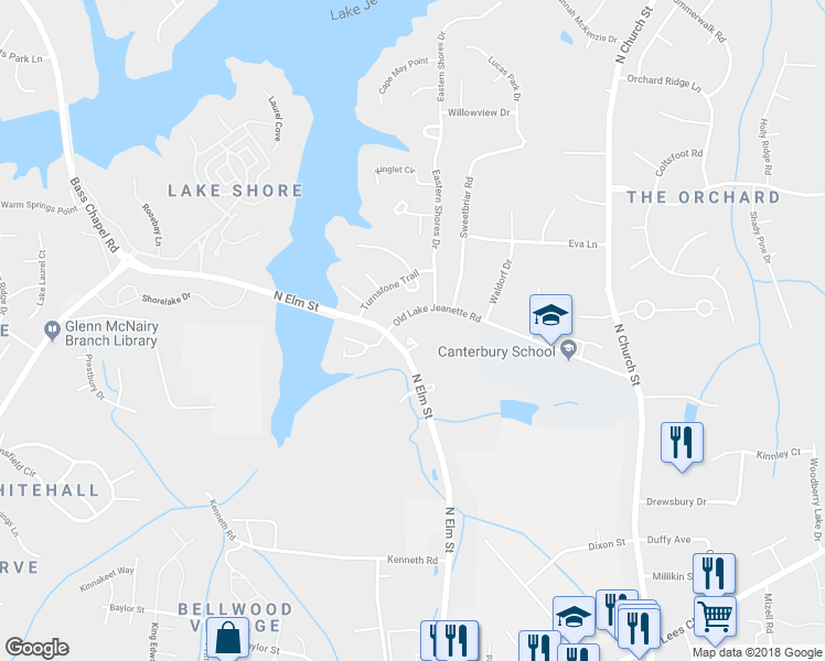 map of restaurants, bars, coffee shops, grocery stores, and more near 3898 North Elm Street in Greensboro