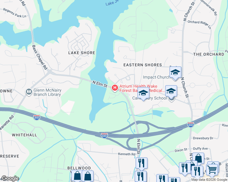 map of restaurants, bars, coffee shops, grocery stores, and more near 3905 North Elm Street in Greensboro