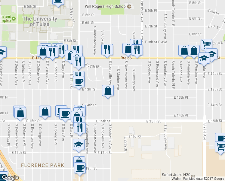 map of restaurants, bars, coffee shops, grocery stores, and more near 1303 South Louisville Avenue in Tulsa