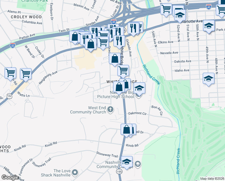 map of restaurants, bars, coffee shops, grocery stores, and more near 120 Oceola Avenue in Nashville