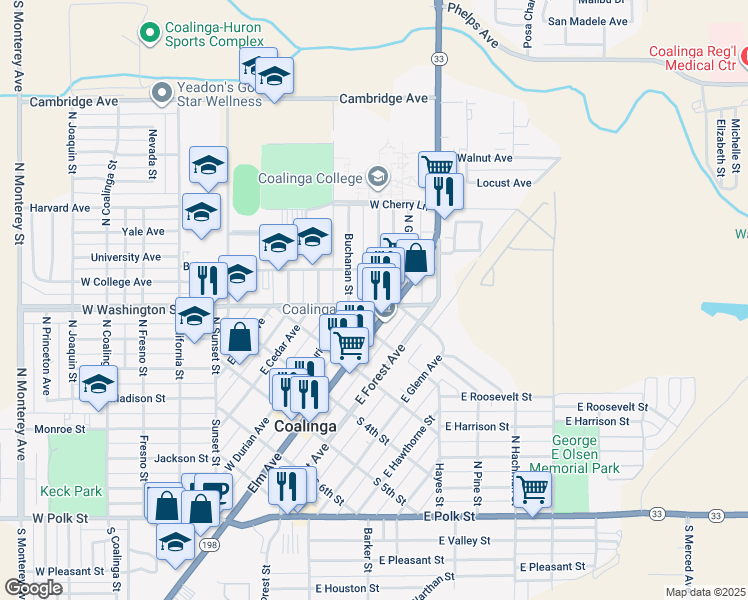 map of restaurants, bars, coffee shops, grocery stores, and more near 101 Lincoln Street in Coalinga