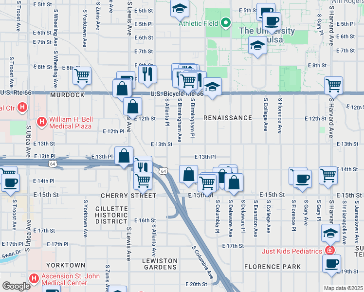 map of restaurants, bars, coffee shops, grocery stores, and more near 2604 East 13th Street in Tulsa