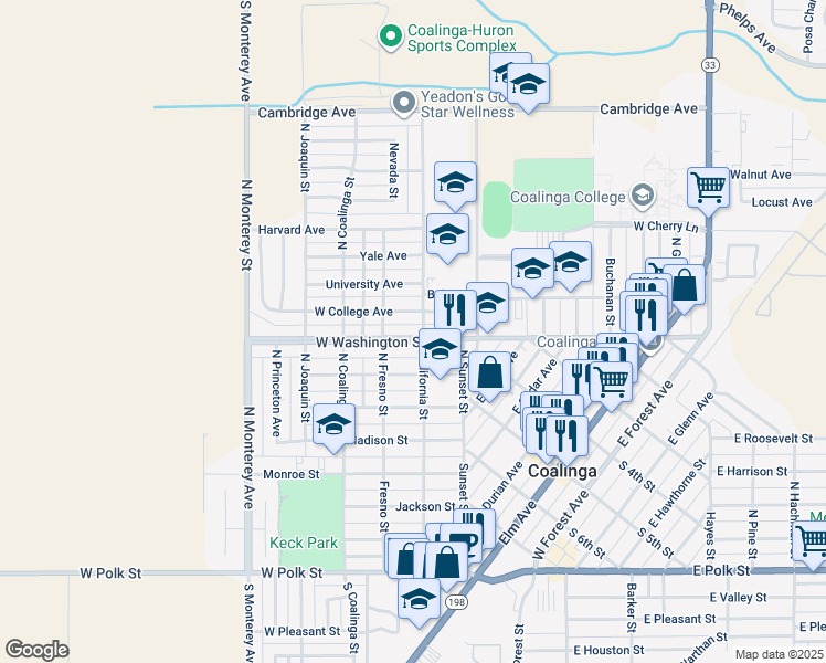 map of restaurants, bars, coffee shops, grocery stores, and more near 216 Washington Street in Coalinga